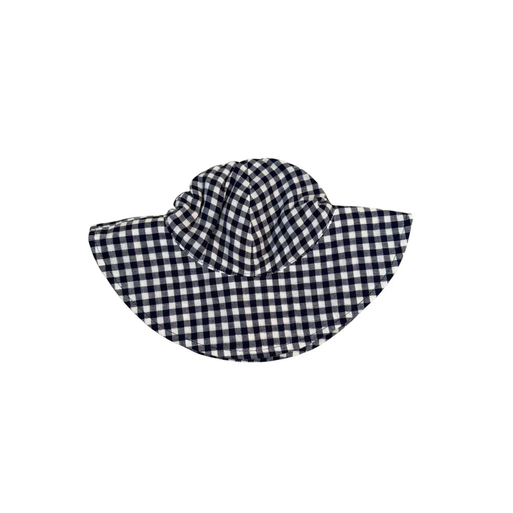 Angel Dear Navy Gingham Sun Hat Kids Wide Brim Organic Cotton EXC 12-24M